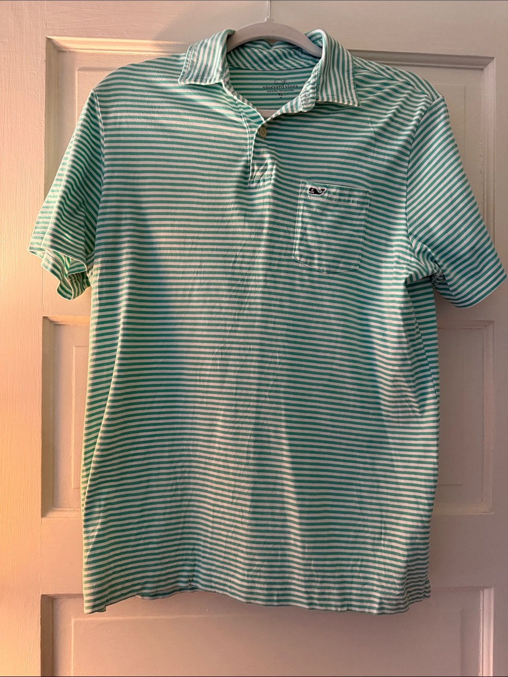 Vineyard Vines Mint & White Striped Pocket Polo